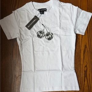 PrettyLittleThing White Disco Cherry Babydoll Tee NWT Size 2